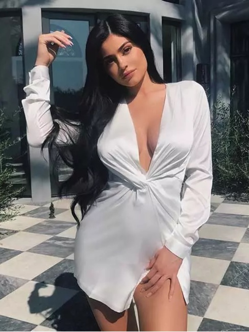 Fashion Nova White Satin Twist-Front Long Sleeve Slip Dress